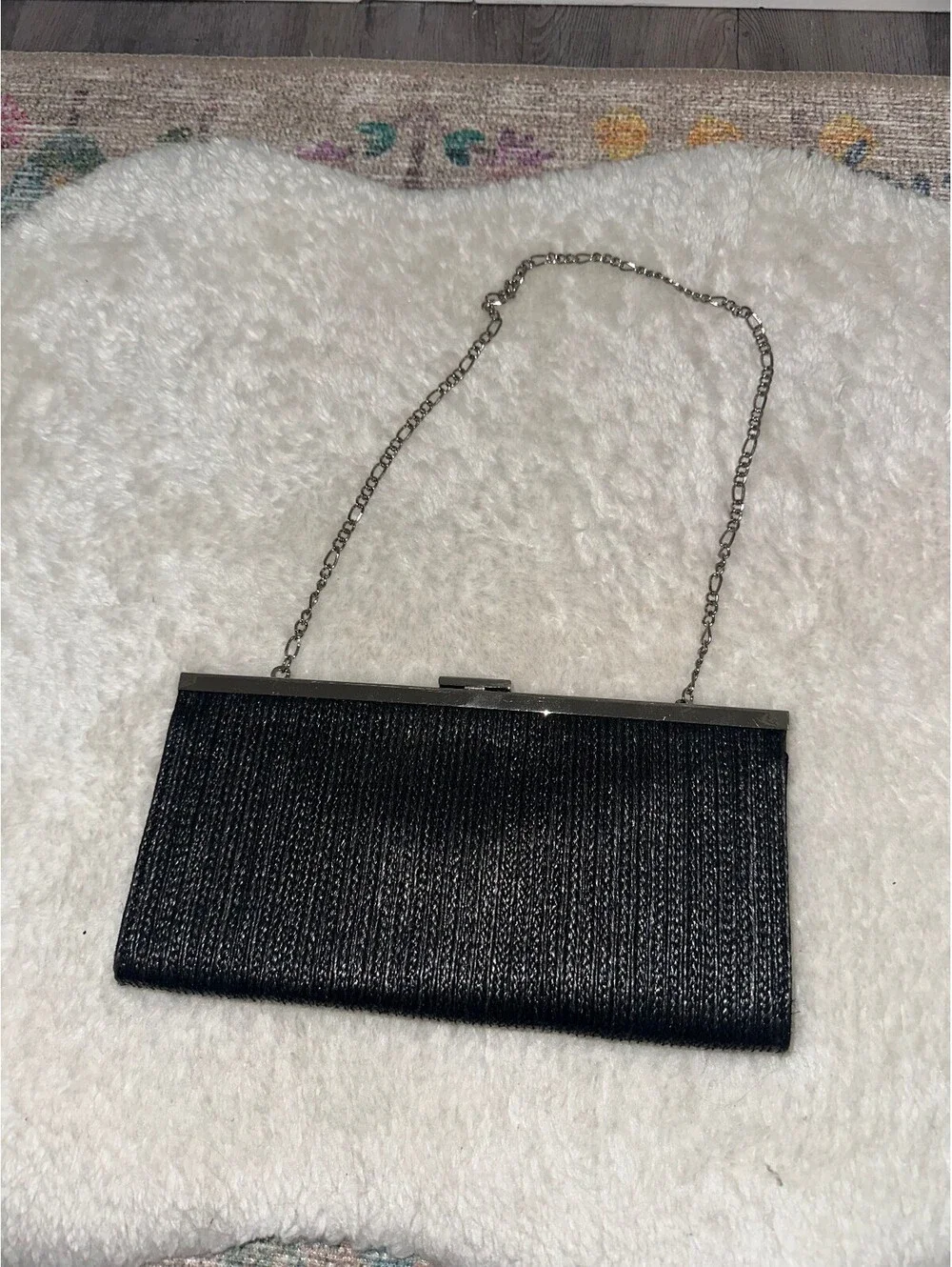 White House Black Market Black Beaded Evening Clutch with Chain Strap